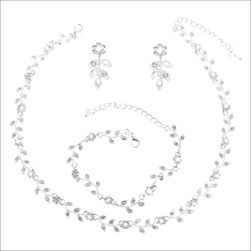 Silver Rhinestone Wedding Jewelry Set Necklace Earrings Bracelet